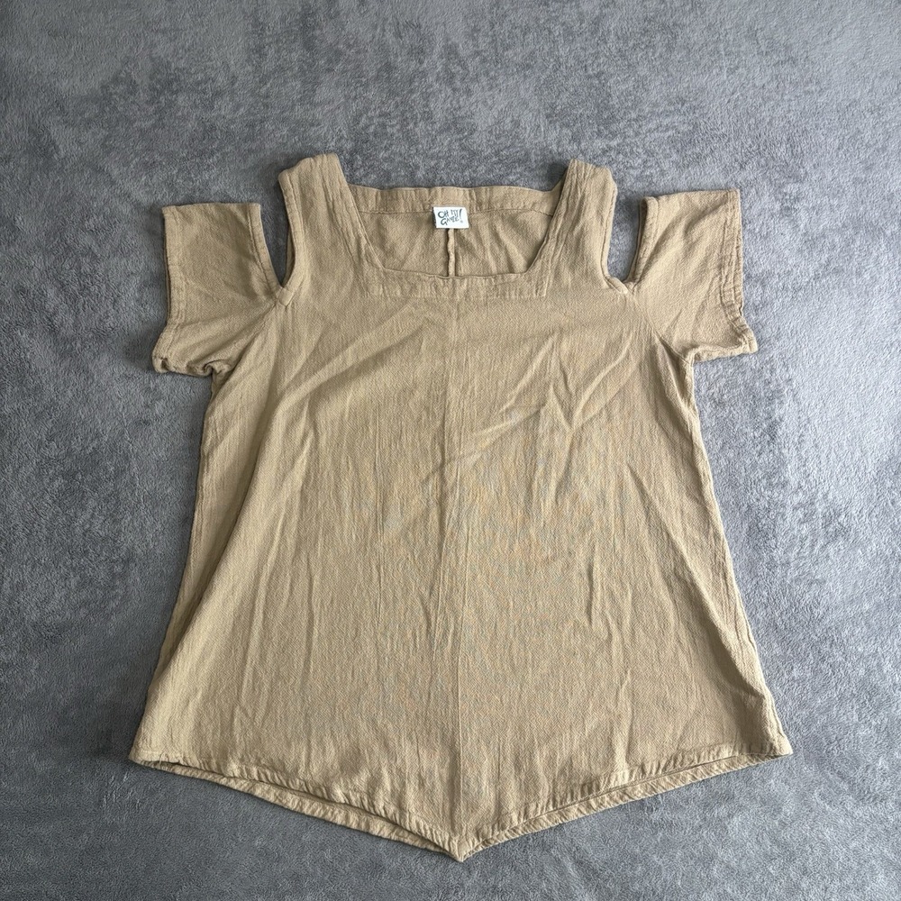 Oh My Gauze Dana Crinkle Top Size 2 (L/XL) 100% Cotton Tan Cold Shoulder